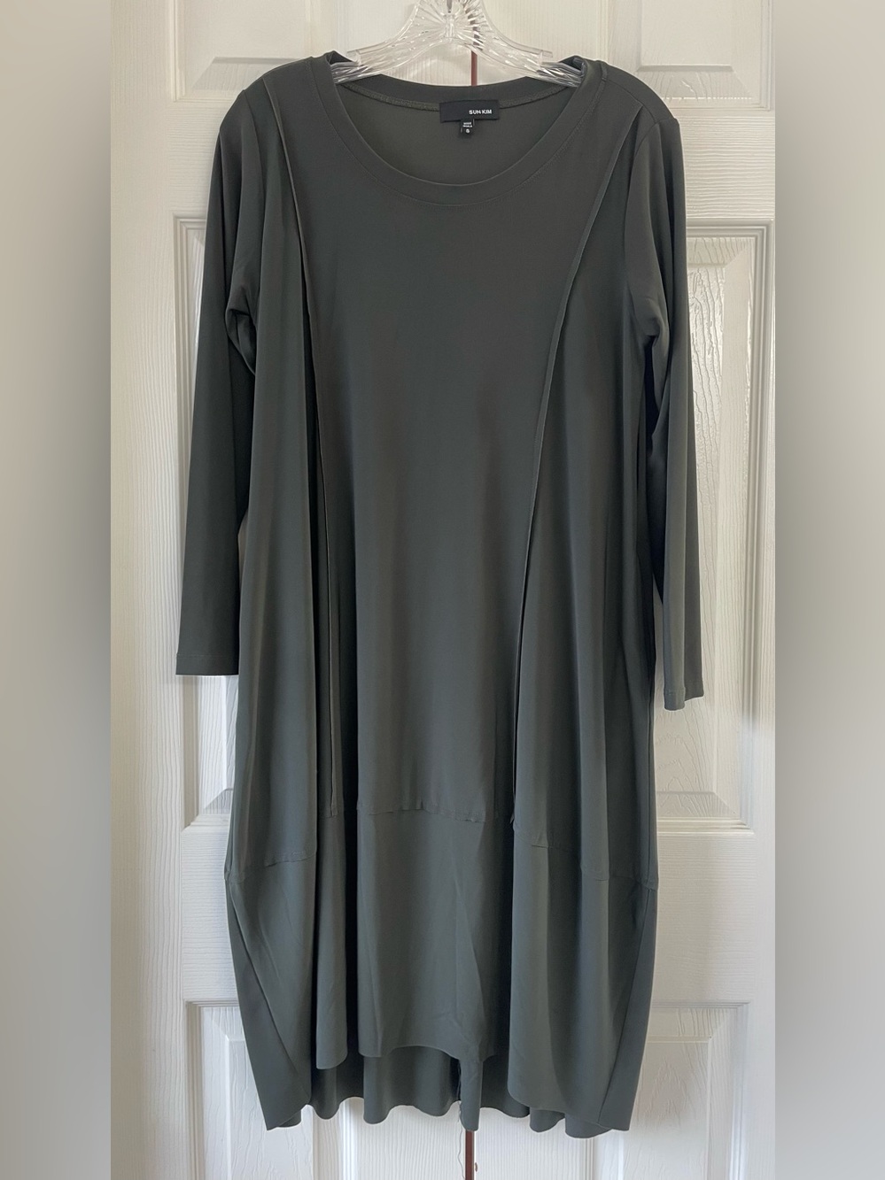 Sun Kim Small Lantern Gray Green Olive Art To Wear Boho Lagenlook Stretch Dress